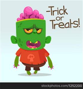 Cartoon angry zombie says thick or treats phrase. Halloween vector illustration of happy monster