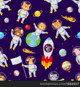 Cartoon animal astronauts flying in space with planets seamless pattern. Cute astronaut animals, sloth, lion, fox, childish vector texture. Characters traveling in rocket among falling comets