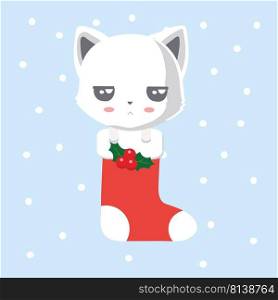 Cartoon animal cat in the sock christmas.