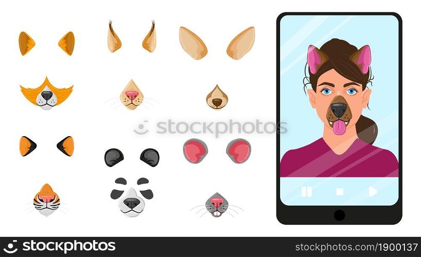 Cartoon animal faces masks for selfie, video chat mobile app. Selfie filters, mobile photo app animal faces masks vector illustration. Video chat funny faces. Cartoon face mask app, selfie muzzle. Cartoon animal faces masks for selfie, video chat mobile app. Selfie filters, mobile photo editor app animal faces masks vector illustration. Video chat funny faces