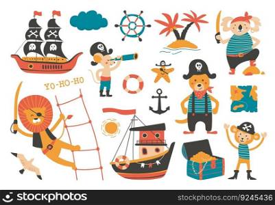 Cartoon animal pirates, ocean adventures marine elements. Cute kids pirate, sailing ship and seagull. Lion koala sailor, monkey with treasure, classy vector collection of mouse and lion illustration. Cartoon animal pirates, ocean adventures marine elements. Cute kids pirate, sailing ship and seagull. Lion koala sailor, monkey with treasure, classy vector collection
