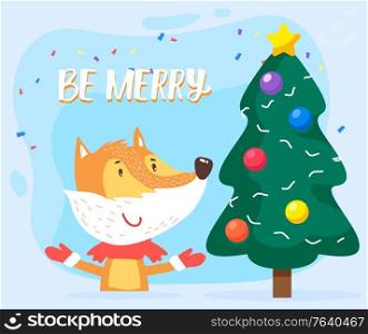 Cartoon animal stand near christmas fir tree. Orange fox preparing for winter holiday, be merry. Character dressed in scarf and gloves. Festive pine with festive garland on it. Vector illustration. Fox Stand near Christmas Fir Tree, Forest Animal