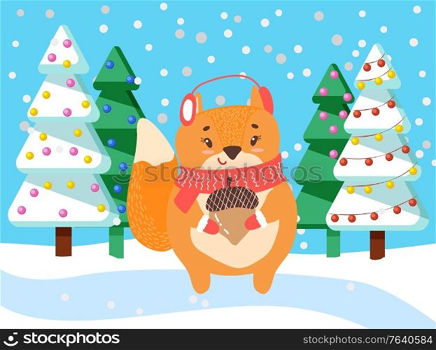 Cartoon animal stand on snowdrift in snowy forest. Orange squirrel with acorn in paws. Character in earmuffs and scarf among fir trees in winter. Snowflakes falling on ground. Vector illustration. Squirrel with Acorn Nut Standing in Winter Forest