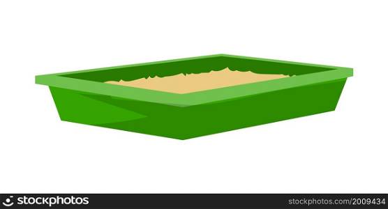 Cartoon animal tray. Green container for home pets. Isolated square box mockup. Cats care equipment. Clean feline domestic toilet with filler. Veterinary store merchandise. Vector hygiene accessory. Cartoon animal tray. Green container for home pets. Square box mockup. Cats care equipment. Feline domestic toilet with filler. Veterinary store merchandise. Vector hygiene accessory