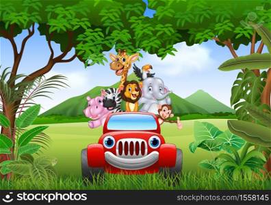 Cartoon animals africa in the red car
