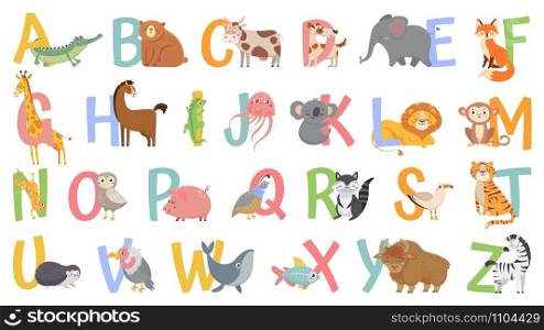 Cartoon animals alphabet for kids. Learn letters with funny animal, zoo ABC and english alphabet for kids. Alphabetically animals characters. Isolated vector icons illustration set. Cartoon animals alphabet for kids. Learn letters with funny animal, zoo ABC and english alphabet for kids vector illustration