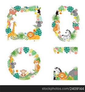 Cartoon animals frame. Green tropical palm tree leaves with tiger, lion, giraffe, koala and elephant borders. Square, oval, circle and rectangle shapes with monkey, zebra and sloth vector set. Cartoon animals frame. Green tropical palm tree leaves with tiger, lion, giraffe, koala and elephant borders