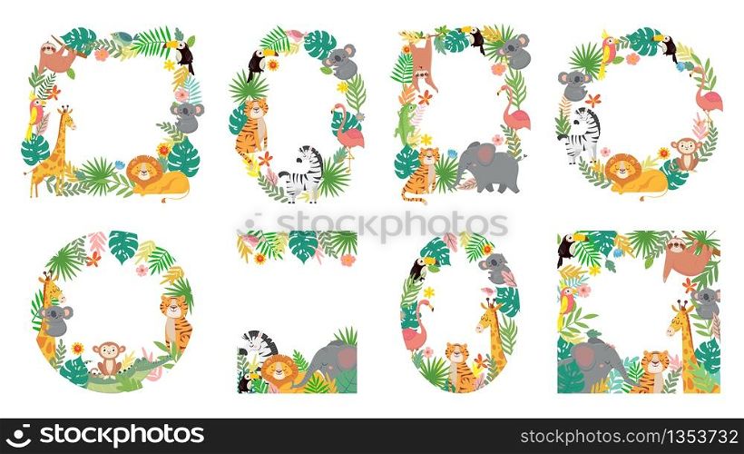 Cartoon animals frame. Jungle animal in tropical leaves, cute frames with tiger, lion, giraffe and elephant vector illustration set. Fauna forest frame, monkey, giraffe and elephant. Cartoon animals frame. Jungle animal in tropical leaves, cute frames with tiger, lion, giraffe and elephant vector illustration set