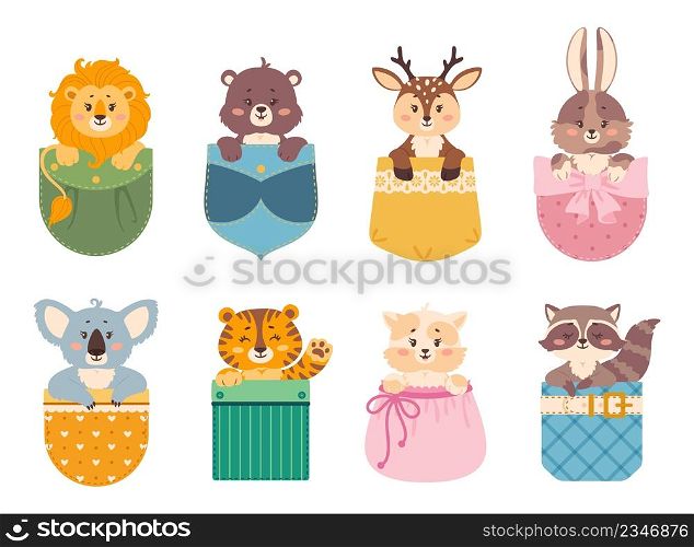 Cartoon animals in pockets, lion, tiger, rabbit, cat sitting inside pocket. Cute baby animal characters peeking out patch pocket vector set. Adorable fluffy pet heads isolated on white. Cartoon animals in pockets, lion, tiger, rabbit, cat sitting inside pocket. Cute baby animal characters peeking out patch pocket vector set