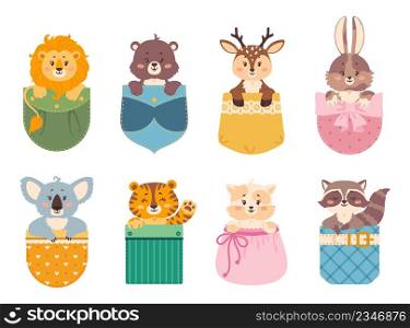 Cartoon animals in pockets, lion, tiger, rabbit, cat sitting inside pocket. Cute baby animal characters peeking out patch pocket vector set. Adorable fluffy pet heads isolated on white. Cartoon animals in pockets, lion, tiger, rabbit, cat sitting inside pocket. Cute baby animal characters peeking out patch pocket vector set