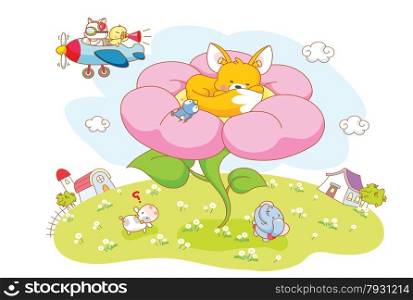 cartoon animals in the flowers garden