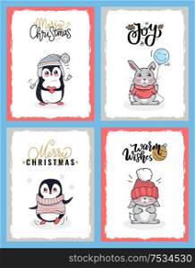 Cartoon animals in warm cloth depicted on Merry Christmas cards. Vector penguin in the knitted sweater. Clipart of calligraphy lettering greeting.. Cartoon Animals in Warm Cloth, Christmas Cards