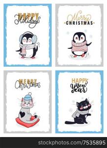 Cartoon animals in winter cloth. Merry Christmas cards from vector penguin in knitted sweater and cat with black heart on its back sitting on pillow. Cartoon Animals in Warm Cloth, Christmas Cards