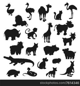 Cartoon animals, isolated black silhouettes. Vector wild lion, fox, safari giraffe and monkey, farm cow, goat, pig, dog and cat. Duck and croc, ostrich and flamingo, rhino, camel, snake and turtle. Cartoon animals isolated black silhouettes, vector