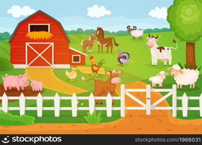 Cartoon animals living on farm, cow, sheep, chicken. Countryside landscape with barn and animal characters, rural lifestyle vector illustration. Domestic livestock, outdoor landscape