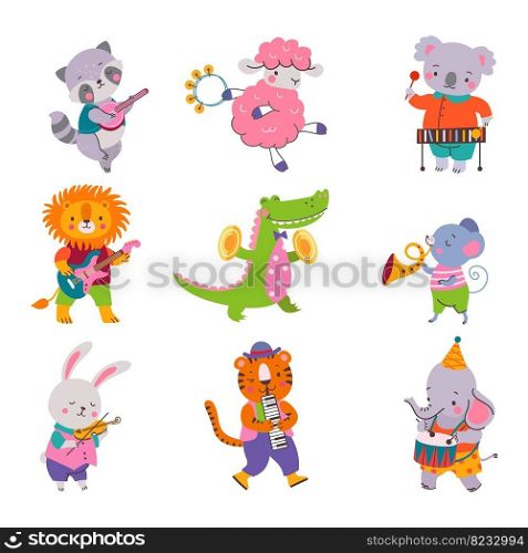 Cartoon animals musician hold musical instruments. Animal music band celebration, wild cute woodland characters for children, nowaday vector set of animals musician, music instrument illustration. Cartoon animals musician hold musical instruments. Animal music band celebration, wild cute woodland characters for children, nowaday vector set