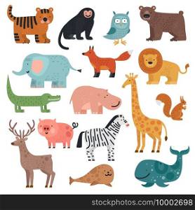 Cartoon animals. Tiger, monkey and bear, elephant and lion, crocodile and deer, hare forest and tropical cute animal vector set. Monkey and deer, reptile and bear illustration. Cartoon animals. Tiger, monkey and bear, elephant and lion, crocodile and deer, hare forest and tropical cute animal vector set