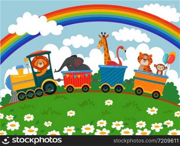 Cartoon animals travel. Zoo train, cute animal trains journey and funny pets traveling on locomotive. Train transportation, lion, giraffe and monkey character traveler vector background illustration. Cartoon animals travel. Zoo train, cute animal trains journey and funny pets traveling on locomotive vector background illustration