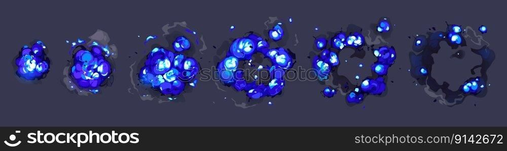 Cartoon animation set of blue explosion and smoke clouds top view isolated on black background. Vector illustration of boom effect, bomb blast trail with dust, gas. War game design elements. Cartoon set of blue explosion clouds top view