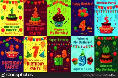 Cartoon anniversary greeting card. Birthday numbers, celebration invitation and party cake number candles poster. Birth greeting or invitation postcard colorful, celebration cards vector set. Cartoon anniversary greeting card. Birthday numbers, celebration invitation and party cake number candles poster vector set