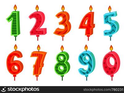Cartoon anniversary numbers candle. Celebration cake candles burning lights, birthday number and party candle. Birth celebrate cakes decoration wax candles. Isolated vector icons set. Cartoon anniversary numbers candle. Celebration cake candles burning lights, birthday number and party candle vector set