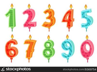 Cartoon anniversary numbers candle. Celebration cake candles burning lights, birthday number and party candle. Birth celebrate cakes decoration wax candles. Isolated vector icons set. Cartoon anniversary numbers candle. Celebration cake candles burning lights, birthday number and party candle vector set