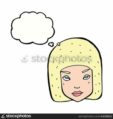 cartoon annoyed female face with thought bubble