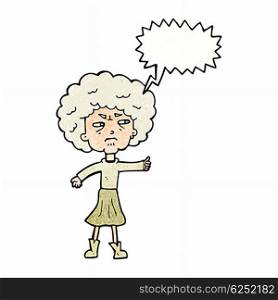cartoon annoyed old woman with speech bubble