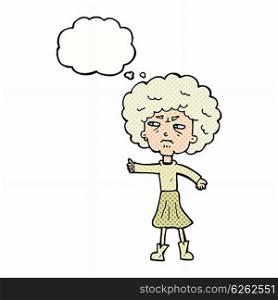 cartoon annoyed old woman with thought bubble