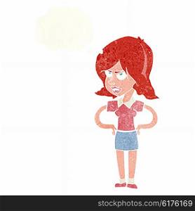 cartoon annoyed woman with hands on hips with thought bubble