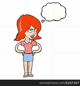 cartoon annoyed woman with hands on hips with thought bubble