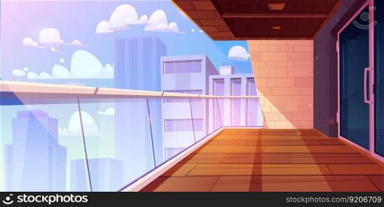Cartoon apartment balcony with glass handrail and cityscape view. Vector illustration of empty terrace with transparent door and wooden floor. Modern urban housing architecture in city downtown. Cartoon apartment balcony with cityscape view