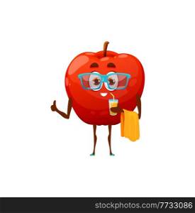 Cartoon apple fruit character in glasses drinking cocktail showing thumb up isolated. Vector red healthy apple with towel, active way of life, summer fruit on rest. Yoga fitness, travel leisure. Red apple after fitness with towel drink cocktail