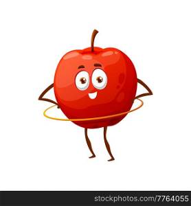 Cartoon apple isolated happy cartoon character doing gymnastic exercises with hula hoop. Vector summer fruit hobby sport activity, exercising with hoop. Healthy apple active way of life, fitness sport. Red apple fruit with hula hoop gymnastic exercises