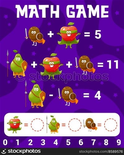 Cartoon apple, pear, kiwi fruits math game worksheet, education maze. Vector numeracy and mathematics skills development maze with funny superhero characters, educational riddle for kids learn. Cartoon apple, pear, kiwi fruits math game maze