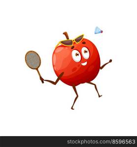 Cartoon apple playing tennis, rocket sport equipment isolated happy character hobby leisure activity. Vector healthy apple active way of life, vitamins workout. Comic active trainings of summer fruit. Red apple playing tennis rocket, sport workout