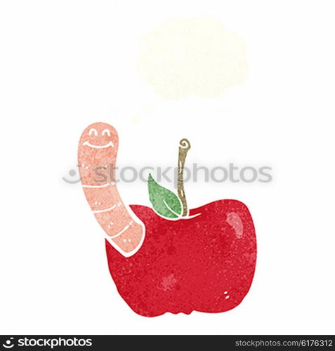 cartoon apple with worm with thought bubble