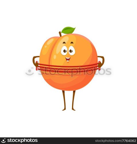 Cartoon apricot fruit sportsman vector icon, funny character stretching expander doing sport exercises isolated on white background. Healthy food, sports lifestyle, organic nutrition symbol. Cartoon apricot funny fruit sportsman vector icon