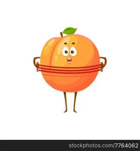 Cartoon apricot fruit sportsman vector icon, funny character stretching expander doing sport exercises isolated on white background. Healthy food, sports lifestyle, organic nutrition symbol. Cartoon apricot funny fruit sportsman vector icon