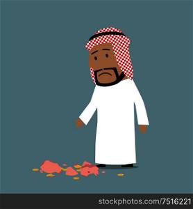 Cartoon arab businessman broken piggy bank and understanding that money box almost empty. Bankruptcy, financial crisis and poverty concept. Arab businessman with broken piggy bank