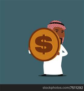 Cartoon arabian businessman in white national garment carrying a big golden dollar coin. Wealth, richness and finance success concept. Arabian businessman carrying a golden dollar coin