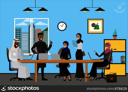 Cartoon arabic business people working at modern office, interior design with furniture,flat vector illustration. Cartoon arabic business people working at modern office