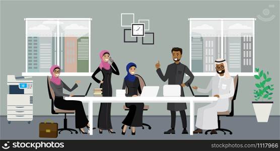 Cartoon arabic business people working at modern office,muslim male and female in the workplace, interior design with furniture,flat vector illustration. muslim male and female in the workplace