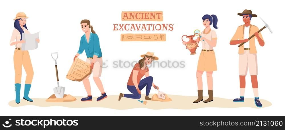 Cartoon archaeologists. People on historical excavations. Antique vases, ancient bones, precious cultural finds. Men and women with diggers tools, archeology horizontal banner, vector isolated set. Cartoon archaeologists. People on historical excavations. Antique vases, ancient bones, precious cultural finds. Men and women with diggers tools, archeology horizontal banner vector set