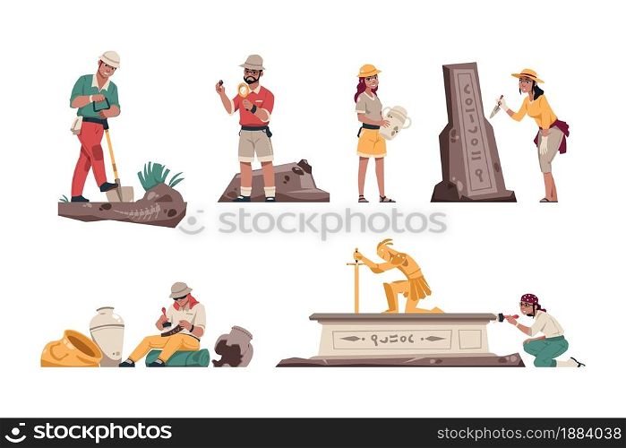 Cartoon archeology. Paleontologist characters with archeological tools. Geologists working in field. People dig up ancient skeletons and discoveries, Vector isolated explorers search antiquities set. Cartoon archeology. Paleontologist characters with archeological tools. Geologists working in field. People dig up skeletons and discoveries, Vector explorers search antiquities set