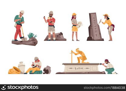 Cartoon archeology. Paleontologist characters with archeological tools. Geologists working in field. People dig up ancient skeletons and discoveries, Vector isolated explorers search antiquities set. Cartoon archeology. Paleontologist characters with archeological tools. Geologists working in field. People dig up skeletons and discoveries, Vector explorers search antiquities set