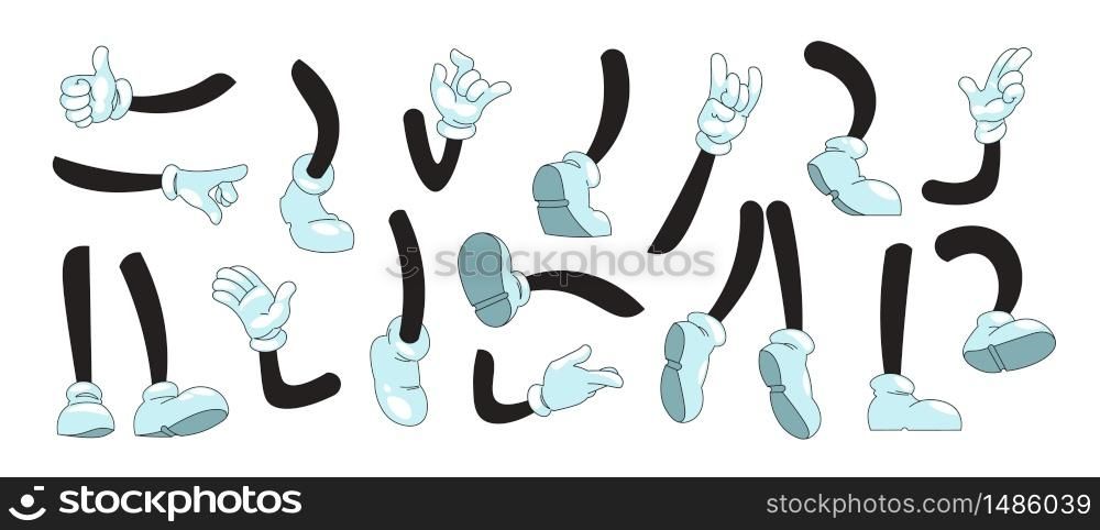 Cartoon arms and legs. Mascot doodle hands in white gloves showing gestures and feet in boots kicking running and standing. Vector illustration sketch comic collection. Cartoon arms and legs. Mascot doodle hands in white gloves showing gestures and feet in boots kicking running and standing. Vector comic collection