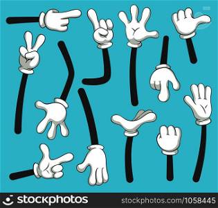 Cartoon arms. Doodle gloved pointing hands, different human point arm, comic parts in gloves or outline armed finger hand gestures in glove. Vintage vector isolated illustration icons set. Cartoon arms. Doodle gloved pointing hands, different human point arm. Vintage vector illustration set