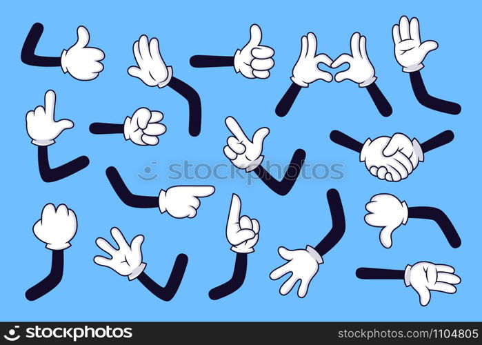 Cartoon arms. Gloved hands with different gestures, various comic hands in white gloves vector illustration set. Pointing with finger, heart gesture, handshake. High five, fist, idea sign. Cartoon arms. Gloved hands with different gestures, various comic hands in white gloves vector illustration set. Collection of movements and signs on blue background. Cartoon character gesture