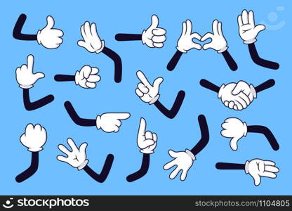 Cartoon arms. Gloved hands with different gestures, various comic hands in white gloves vector illustration set. Pointing with finger, heart gesture, handshake. High five, fist, idea sign. Cartoon arms. Gloved hands with different gestures, various comic hands in white gloves vector illustration set. Collection of movements and signs on blue background. Cartoon character gesture